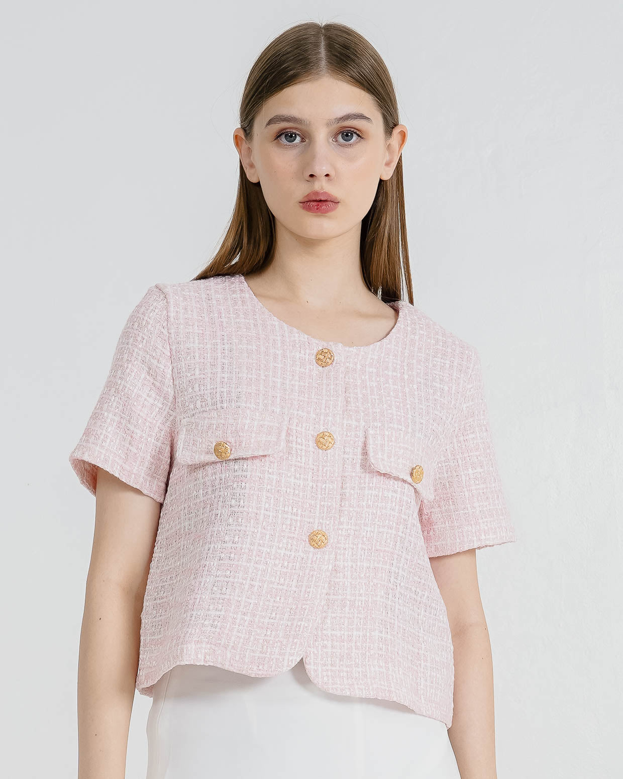 Sophia Crop Tweed Pink Top – Kemeja Wanita Casual