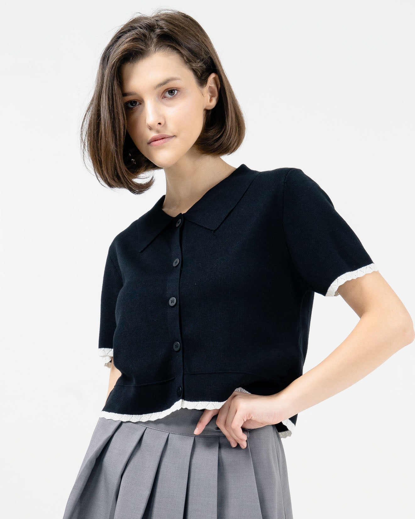 Melody Collar Knit Black Top - Baju Atasan Wanita Lengan Panjang