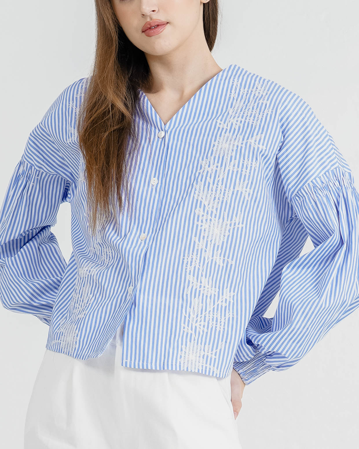 Avery Striped Embroidery Blue Top – Blose Wanita Casual