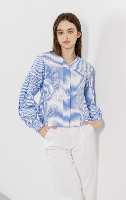 Avery Striped Embroidery Blue Top – Blose Wanita Casual