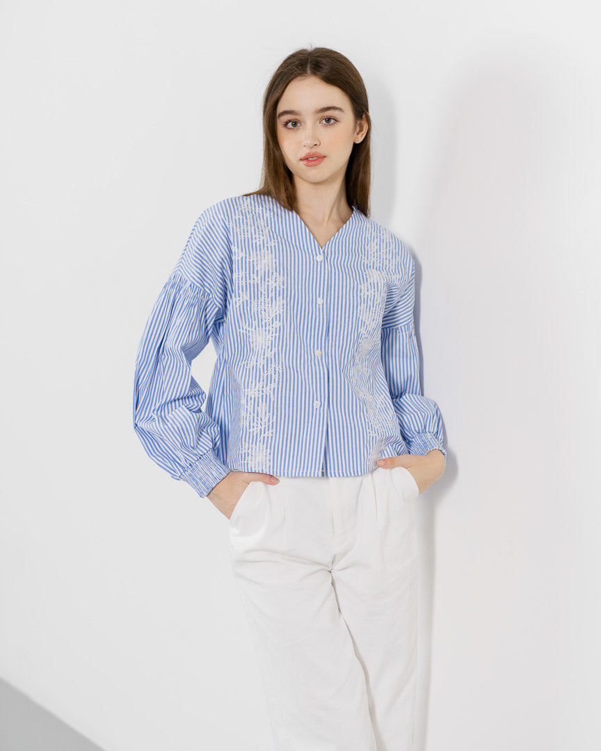 Avery Striped Embroidery Blue Top – Blose Wanita Casual