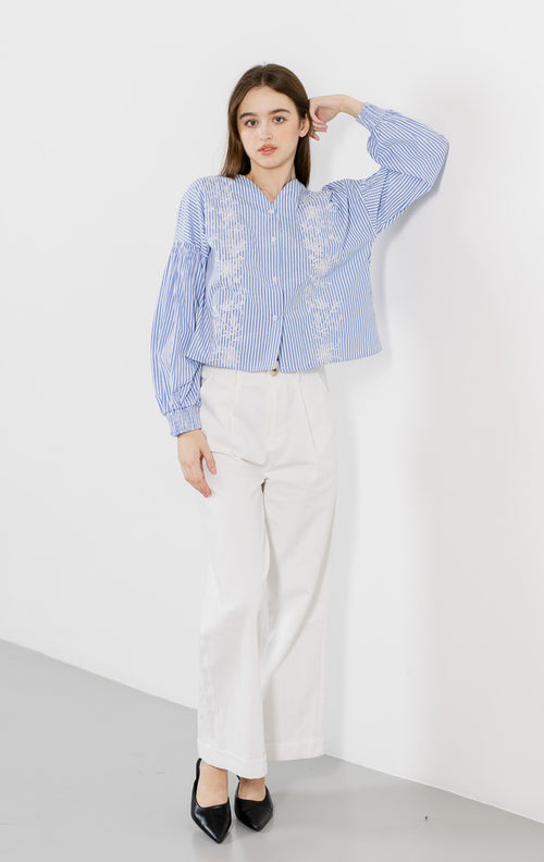Avery Striped Embroidery Blue Top – Blose Wanita Casual