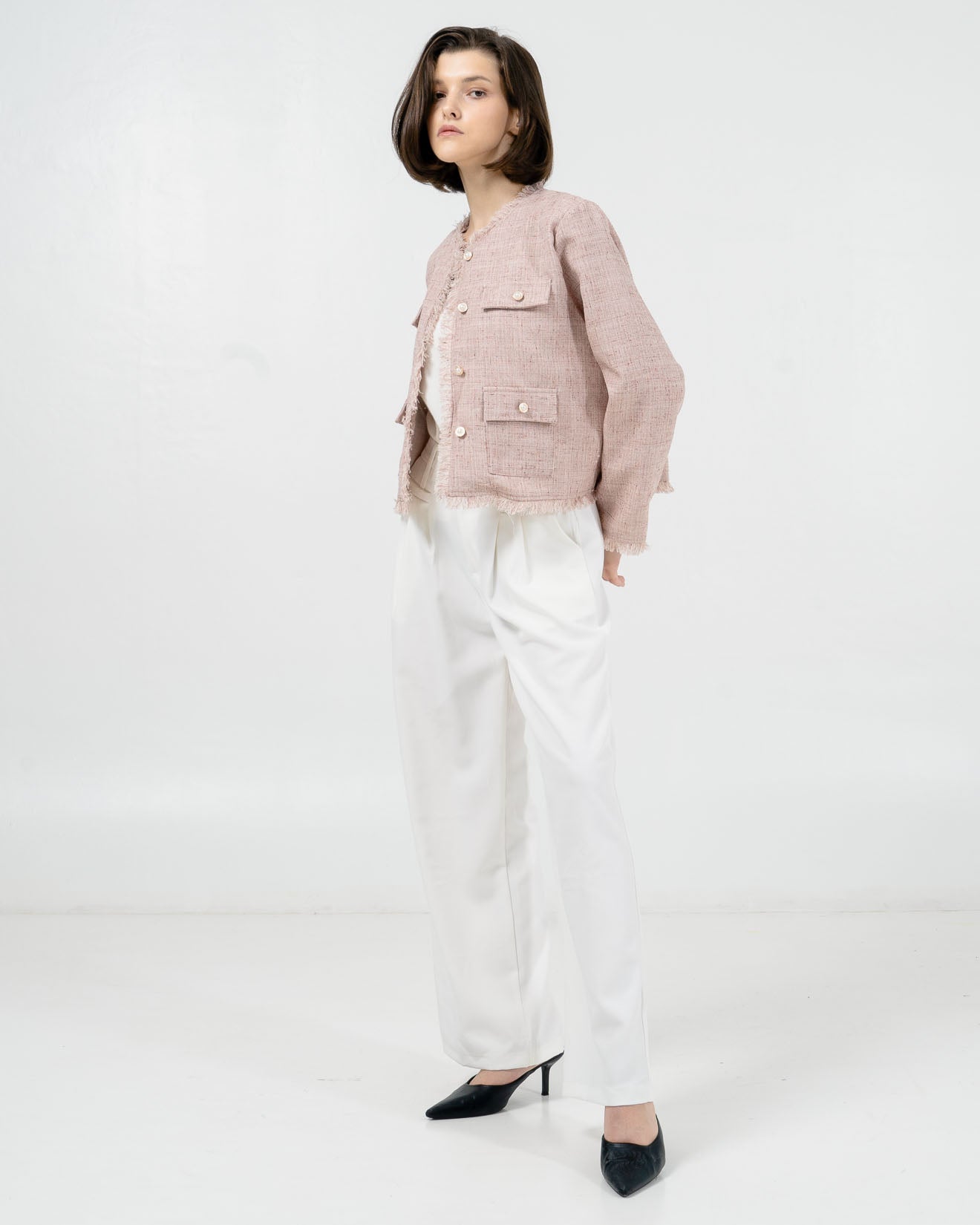 Caroline Fringed Tweed Pink Outer – Cardigan Wanita Lengan Panjang