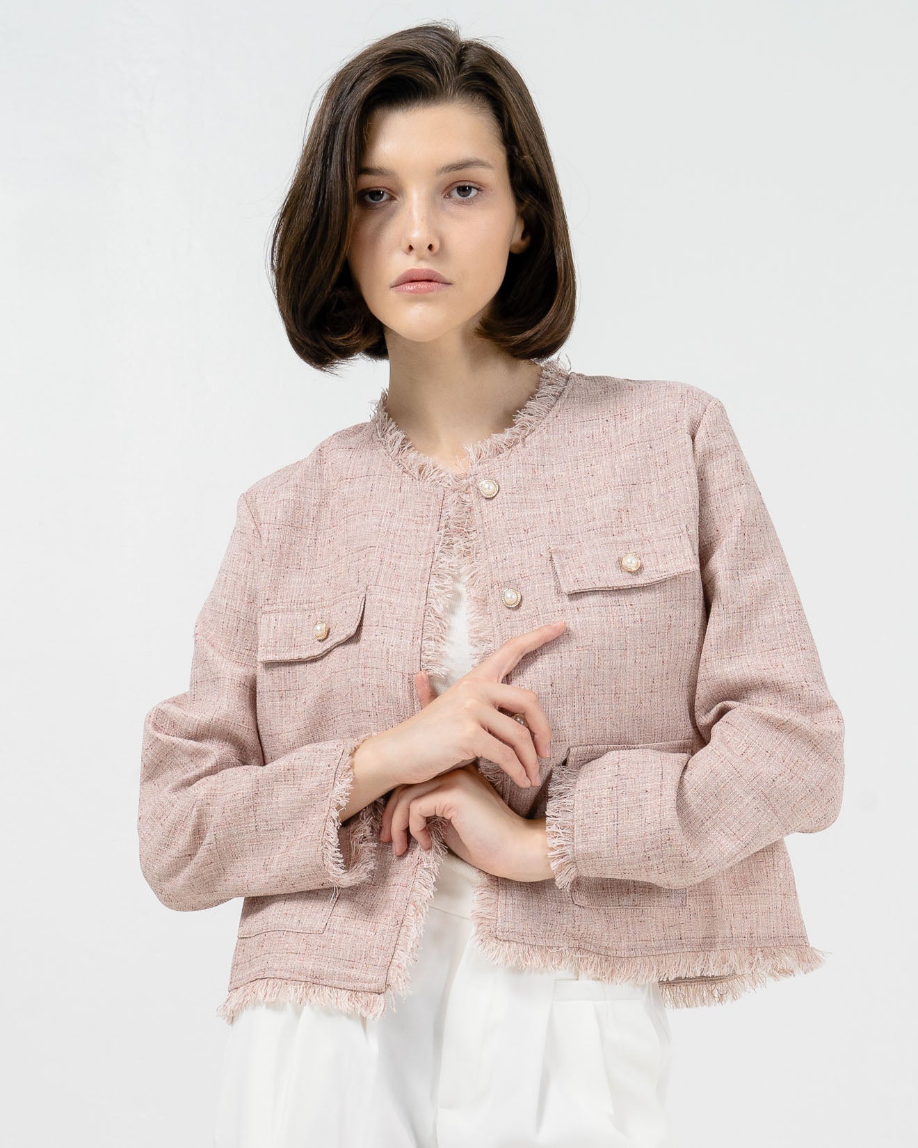 Caroline Fringed Tweed Pink Outer – Cardigan Wanita Lengan Panjang