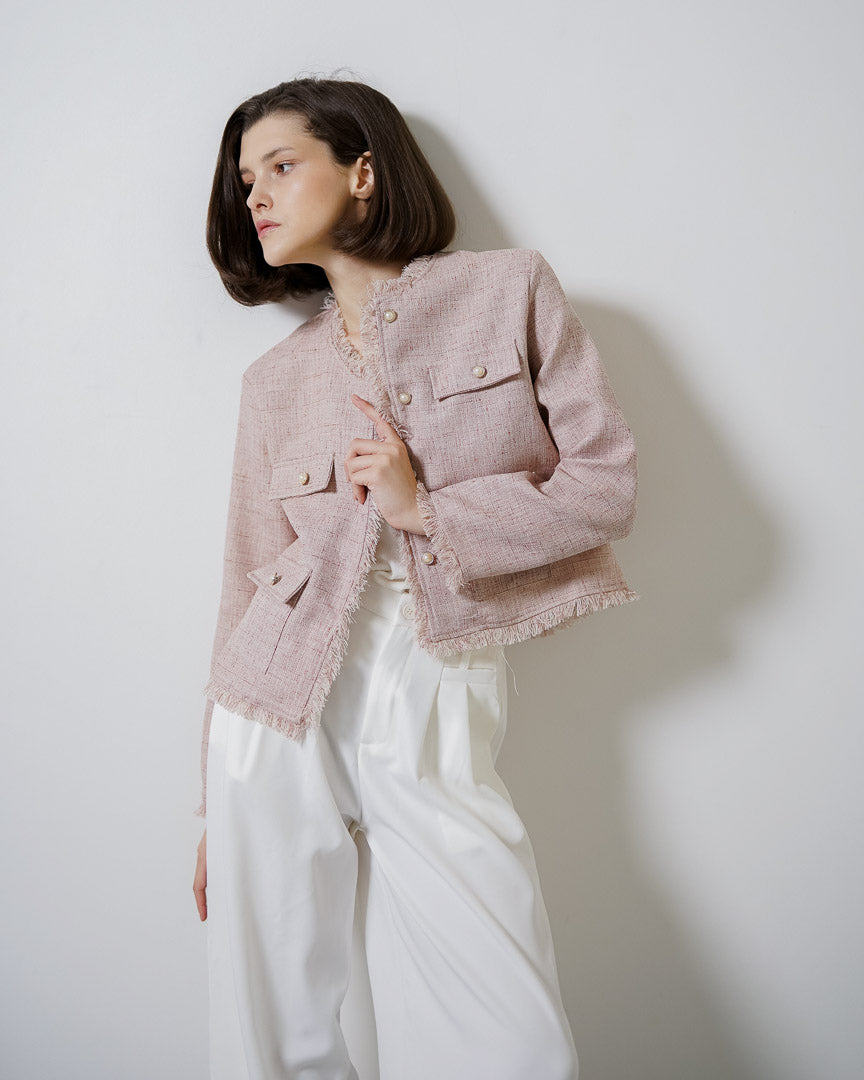 Caroline Fringed Tweed Pink Outer – Cardigan Wanita Lengan Panjang