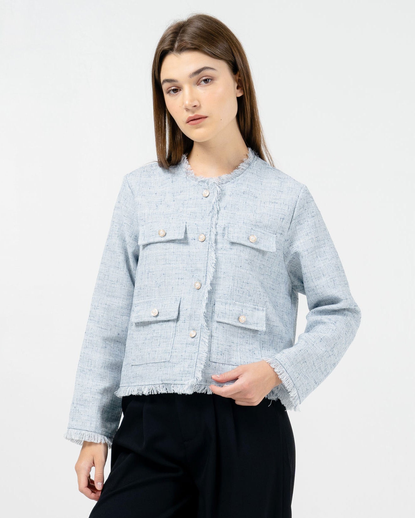 Caroline Fringed Tweed Blue Outer – Cardigan Wanita Lengan Panjang