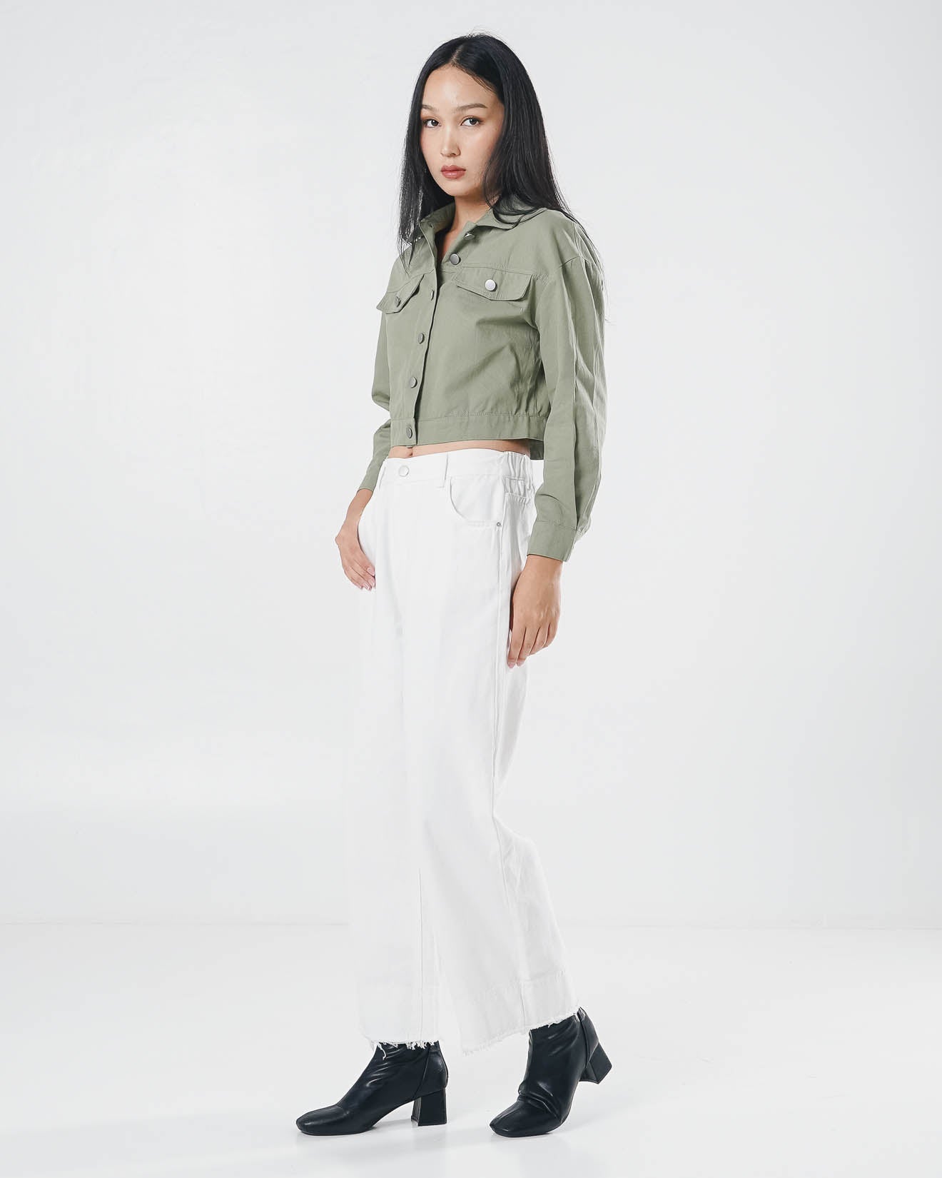 Nicole Crop Denim Green Top – Baju Atasan Wanita Lengan Panjang