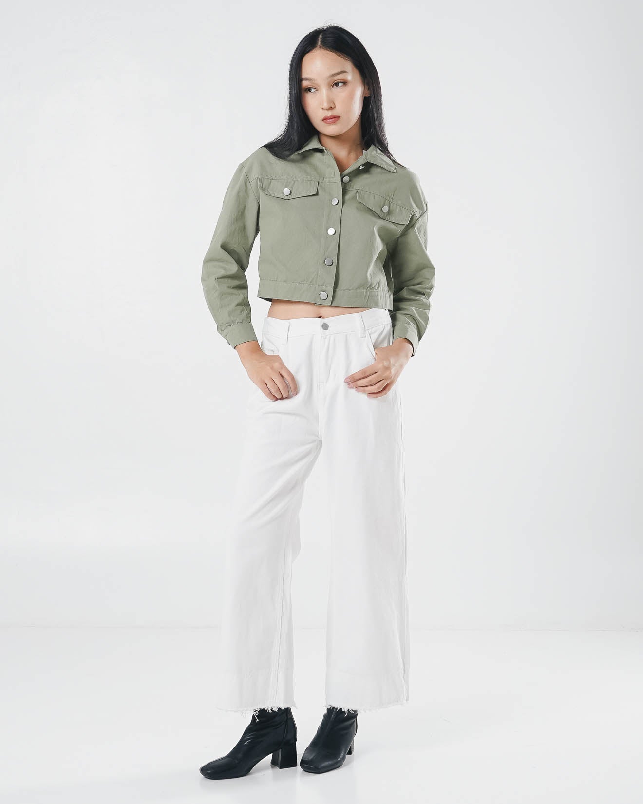 Nicole Crop Denim Green Top – Baju Atasan Wanita Lengan Panjang