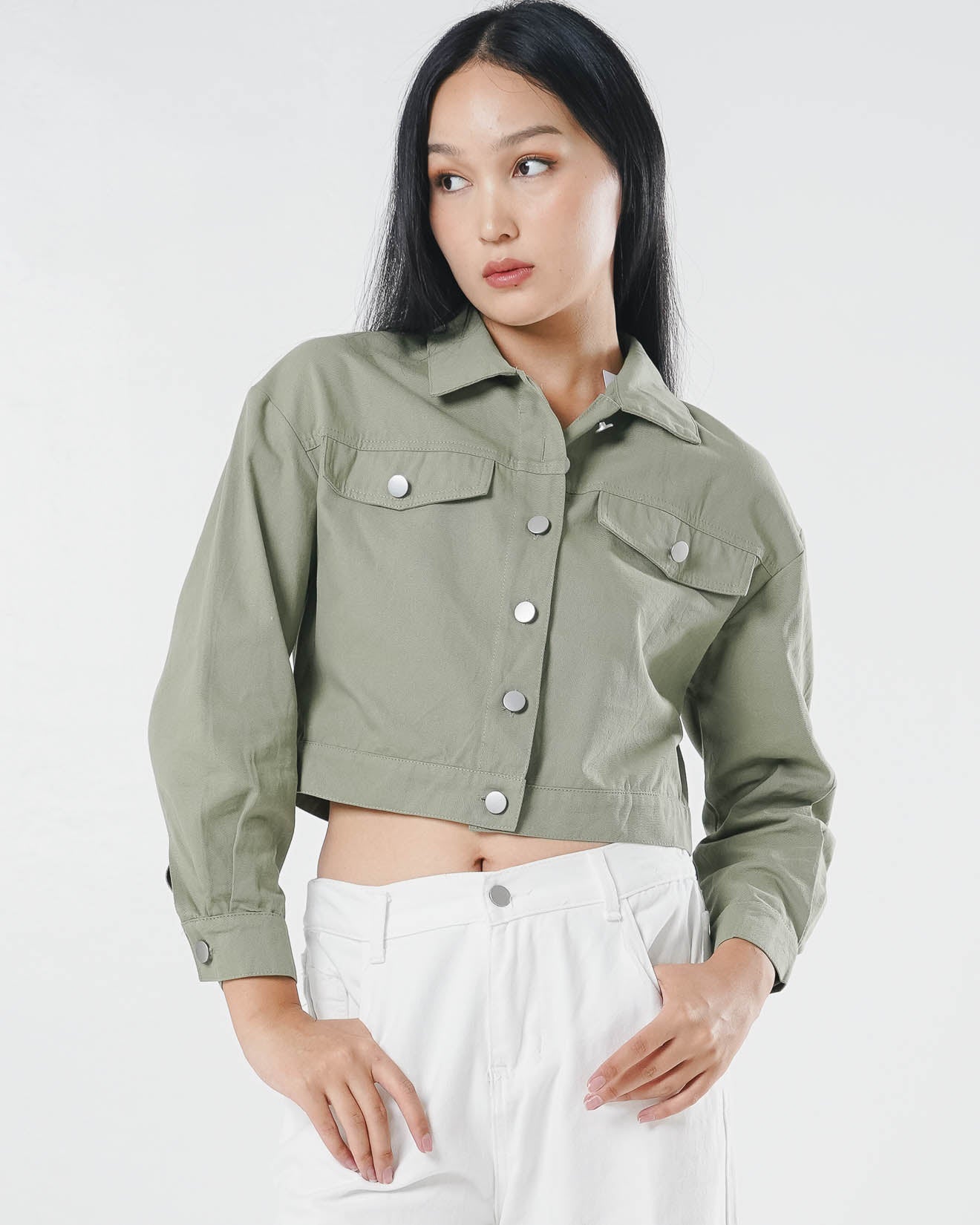 Nicole Crop Denim Green Top – Baju Atasan Wanita Lengan Panjang