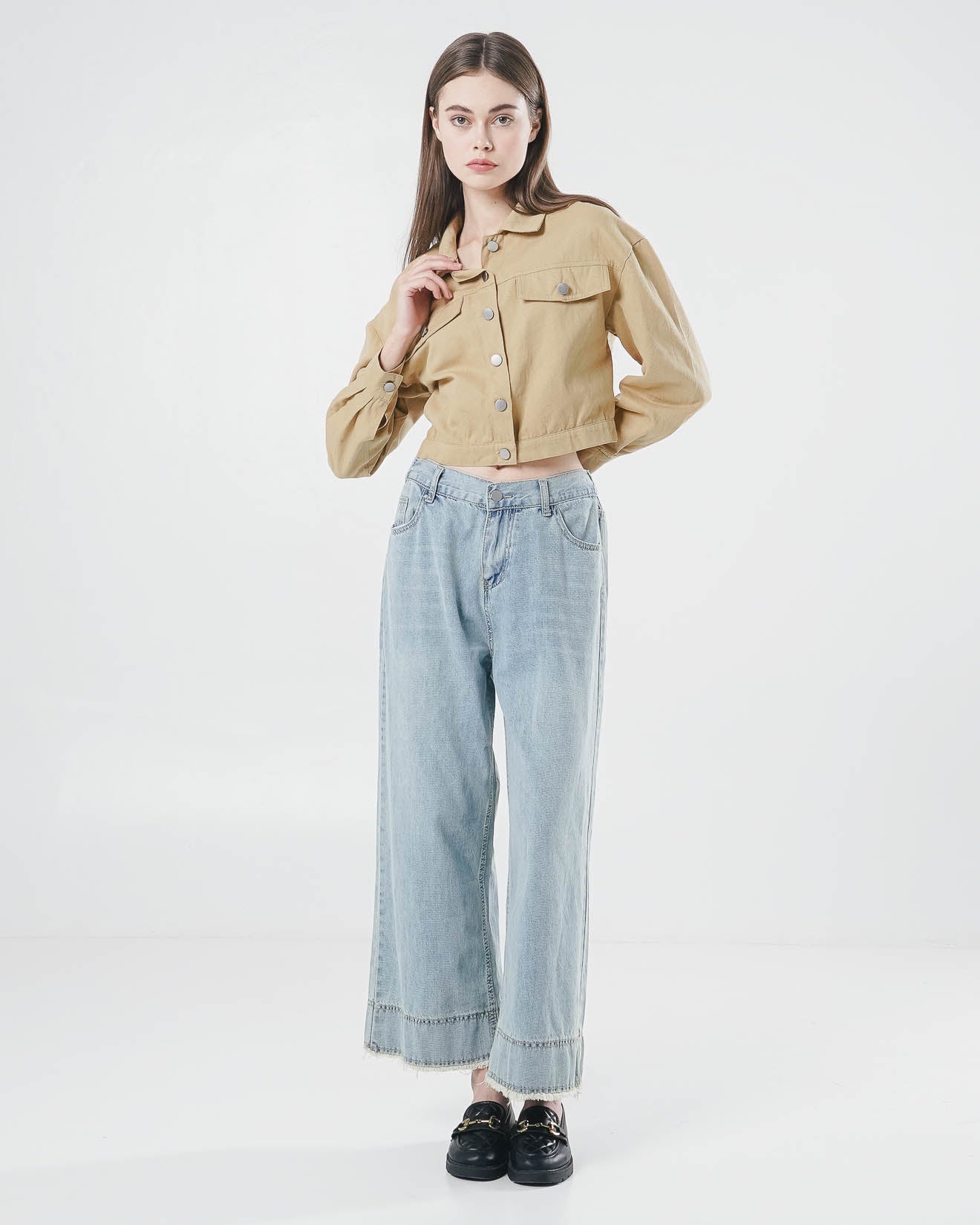 Nicole Crop Denim Brown Top – Baju Atasan Wanita Lengan Panjang