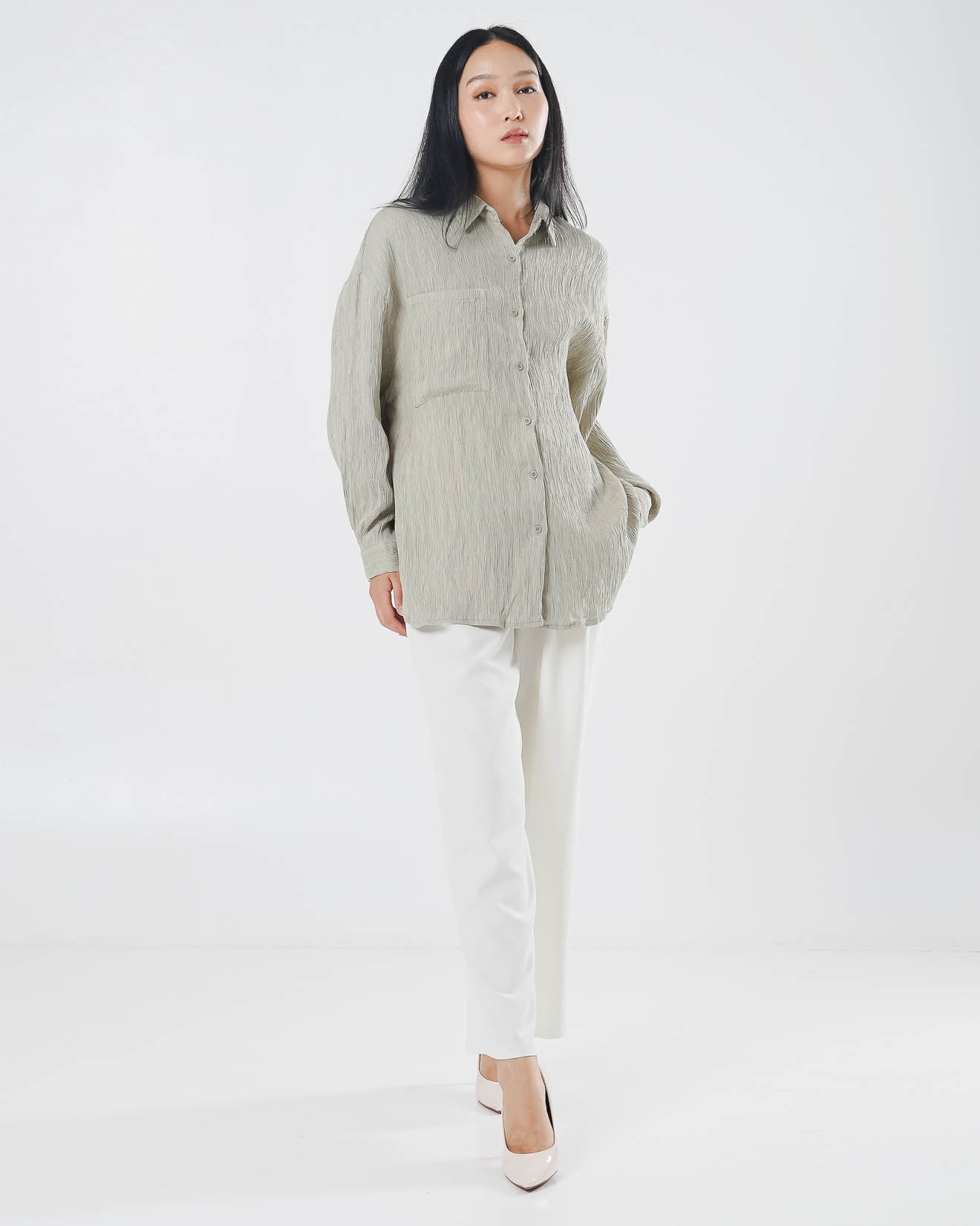 Carmen Textured Pleats Sage Shirt – Baju Atasan Kemeja Wanita