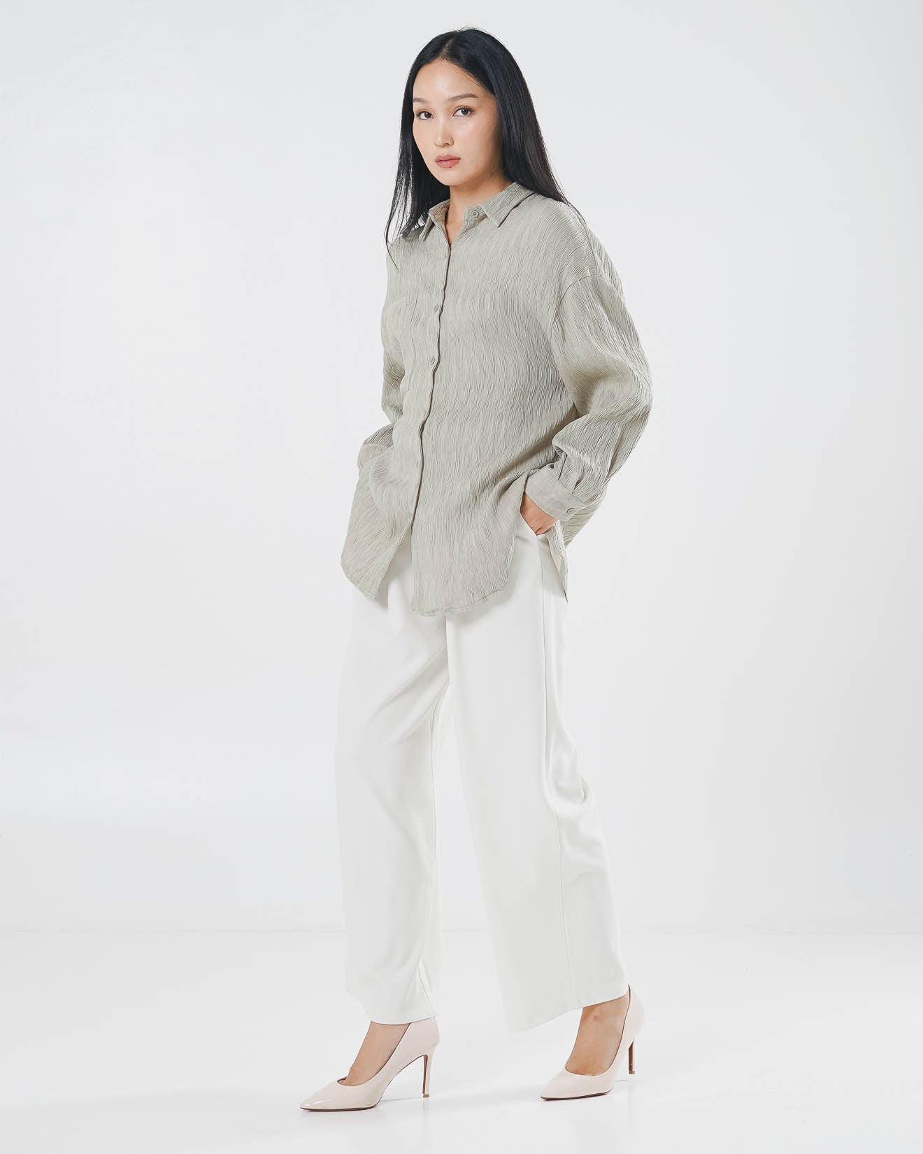 Carmen Textured Pleats Sage Shirt – Baju Atasan Kemeja Wanita