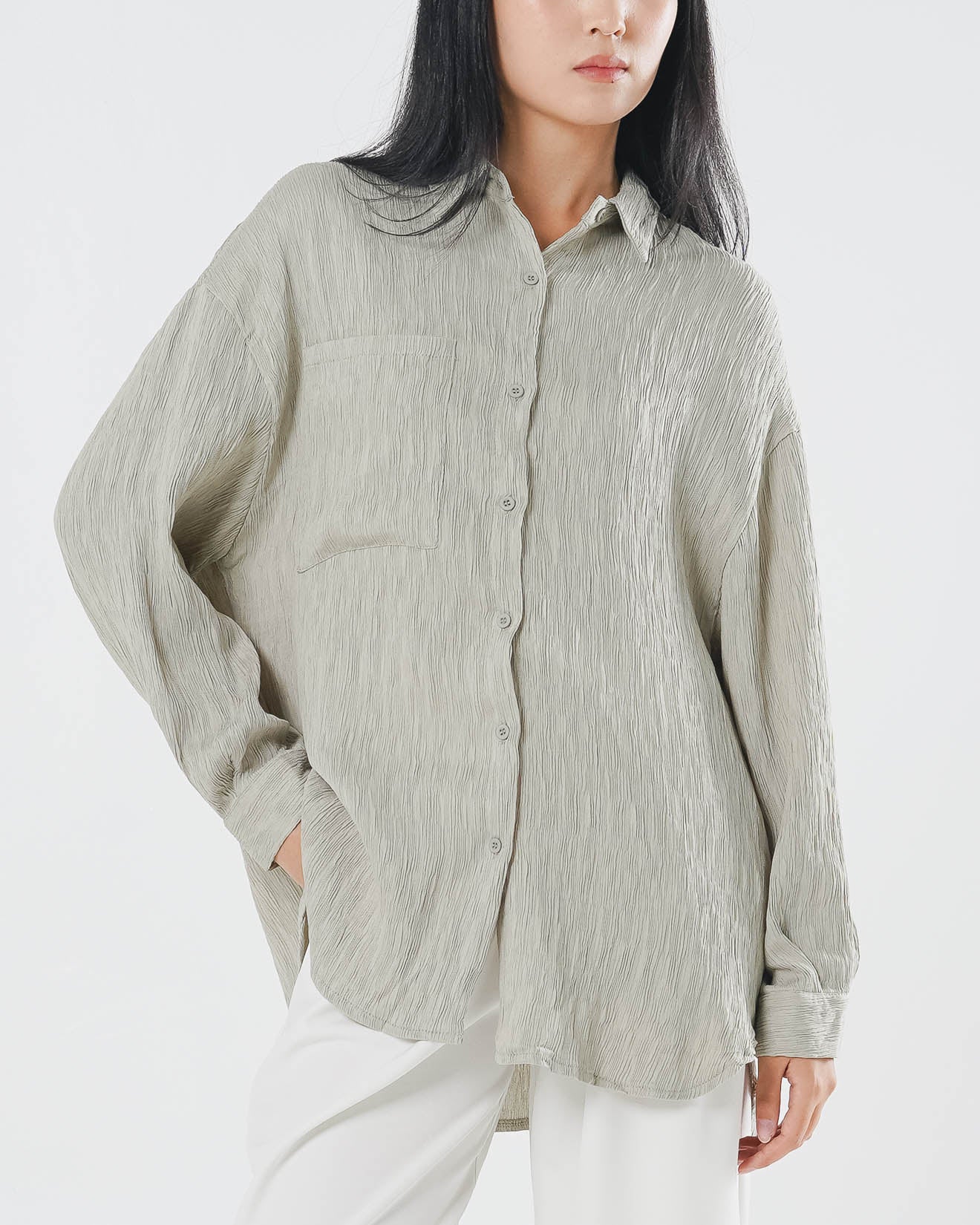 Carmen Textured Pleats Sage Shirt – Baju Atasan Kemeja Wanita