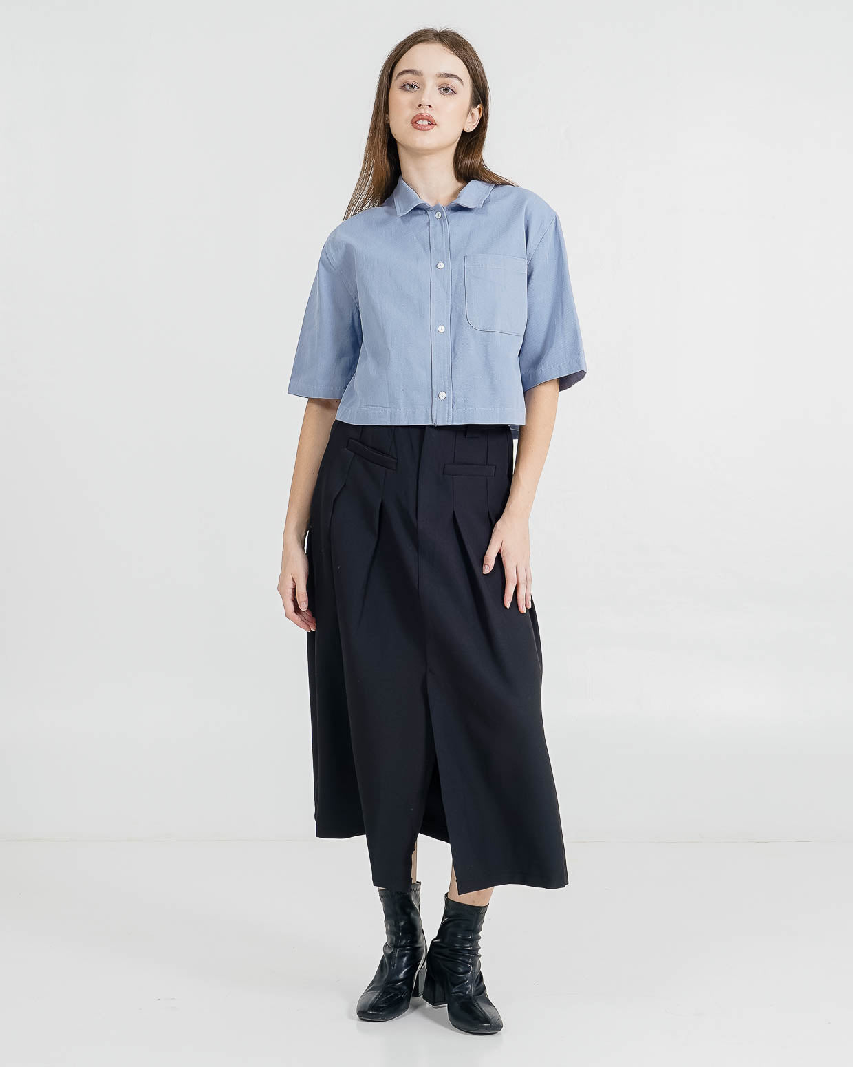 Theo Crop Shirt Blue Top – Baju Atasan Wanita Casual