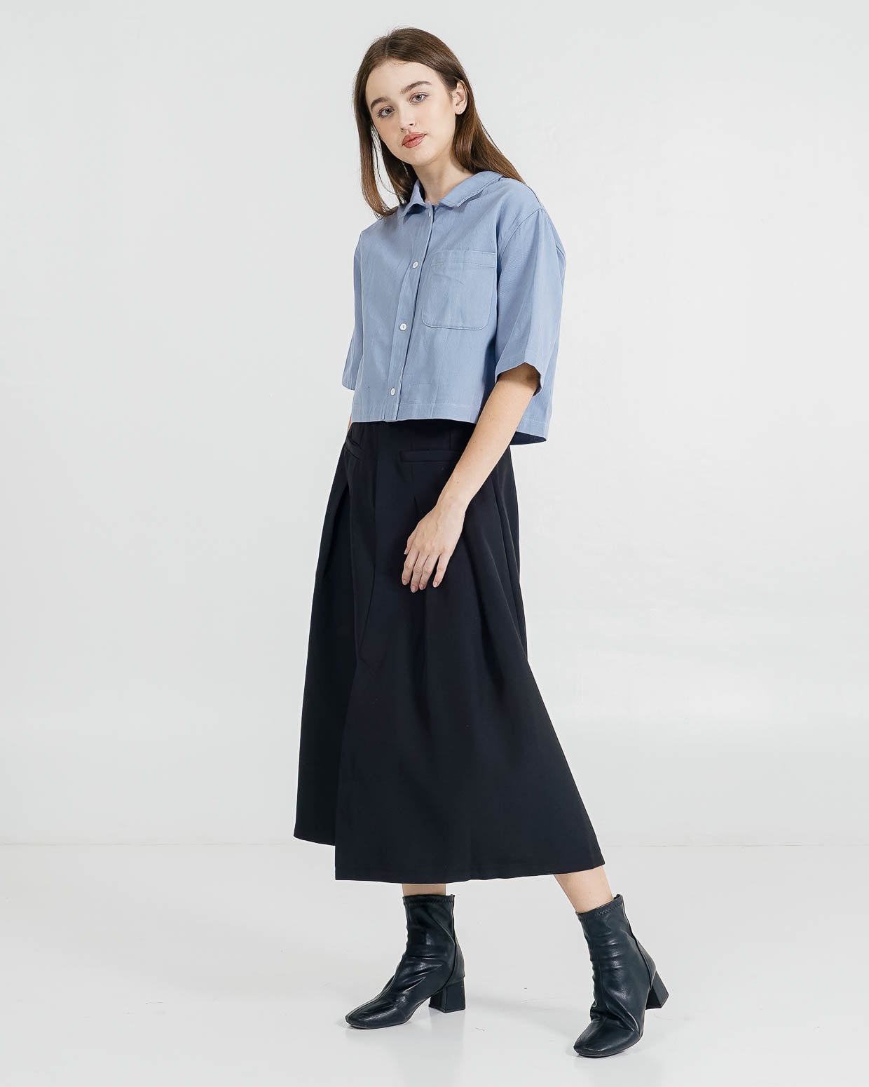 Theo Crop Shirt Blue Top – Baju Atasan Wanita Casual