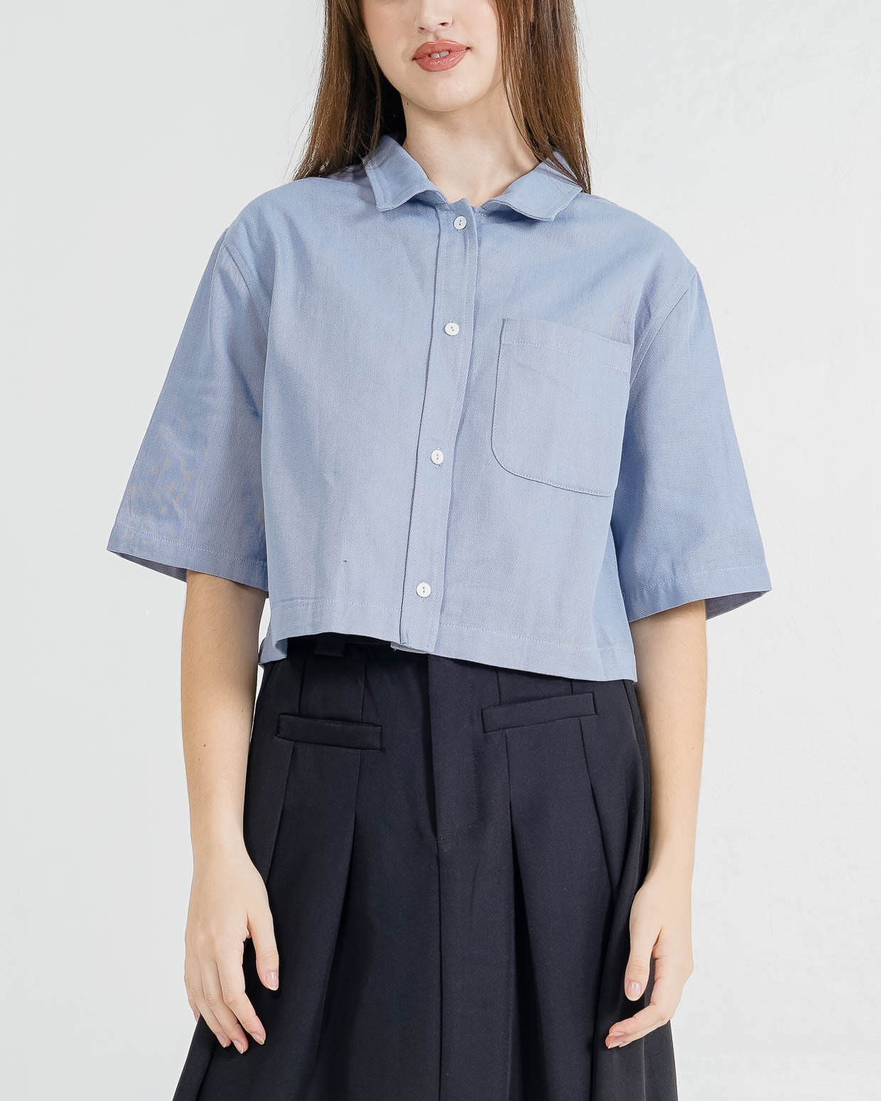 Theo Crop Shirt Blue Top – Baju Atasan Wanita Casual