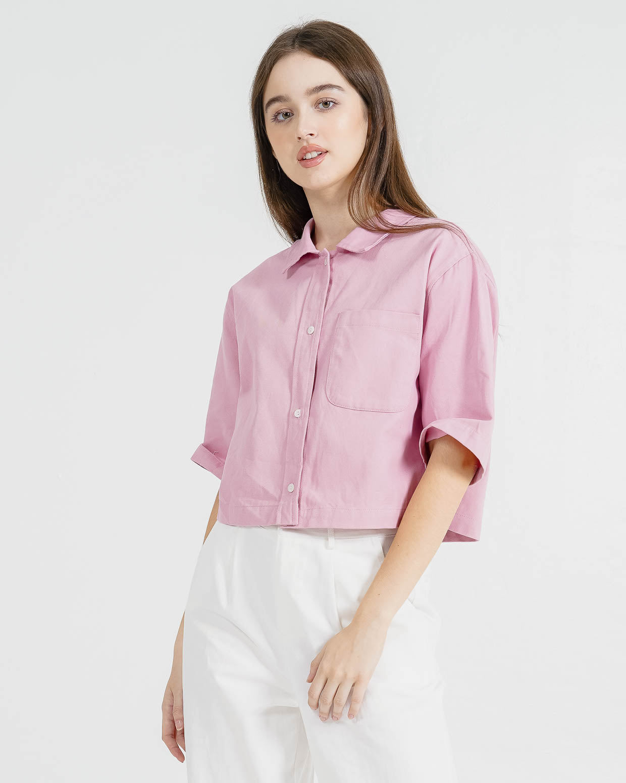 Theo Crop Shirt Pink Top –  Kemeja Casual Wanita