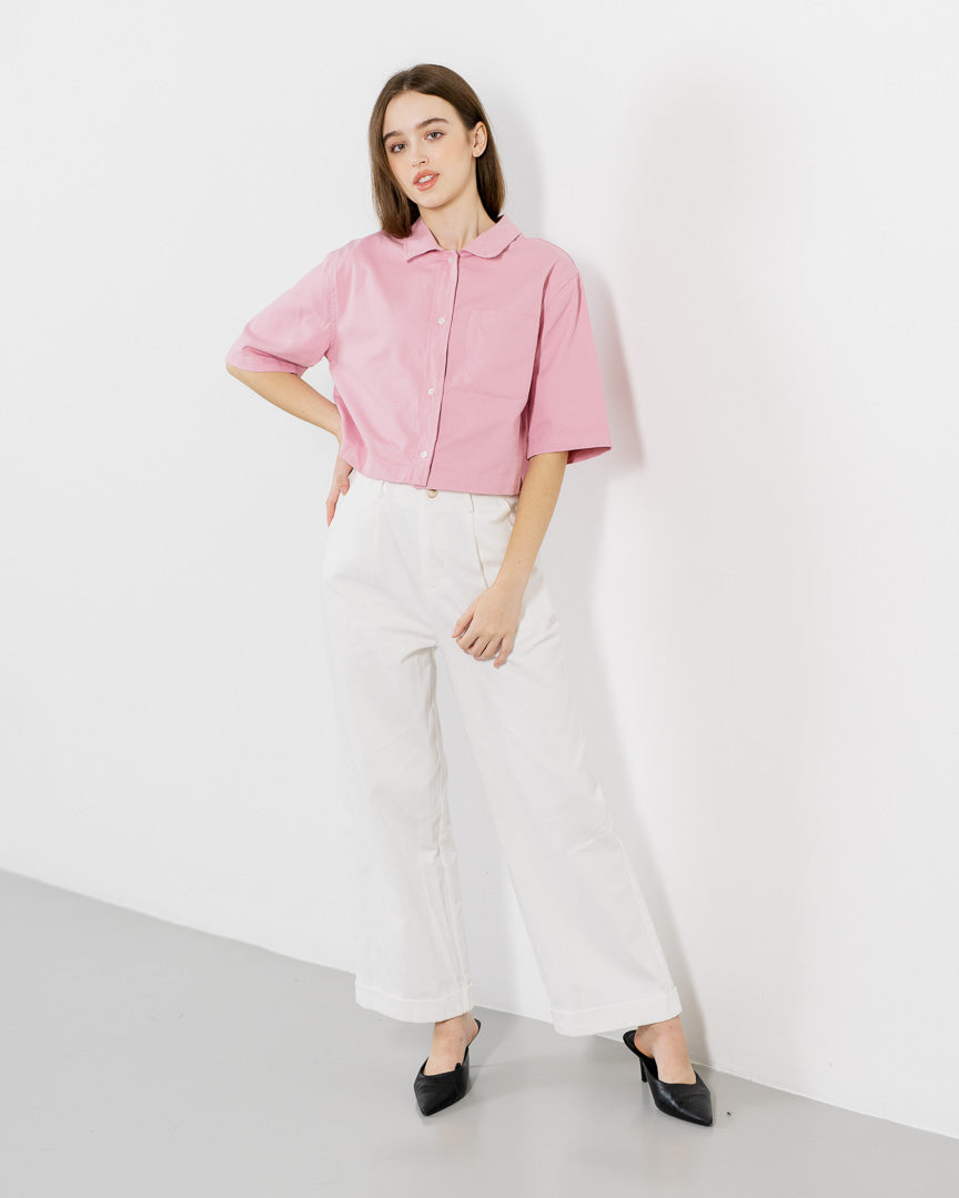 Theo Crop Shirt Pink Top –  Kemeja Casual Wanita