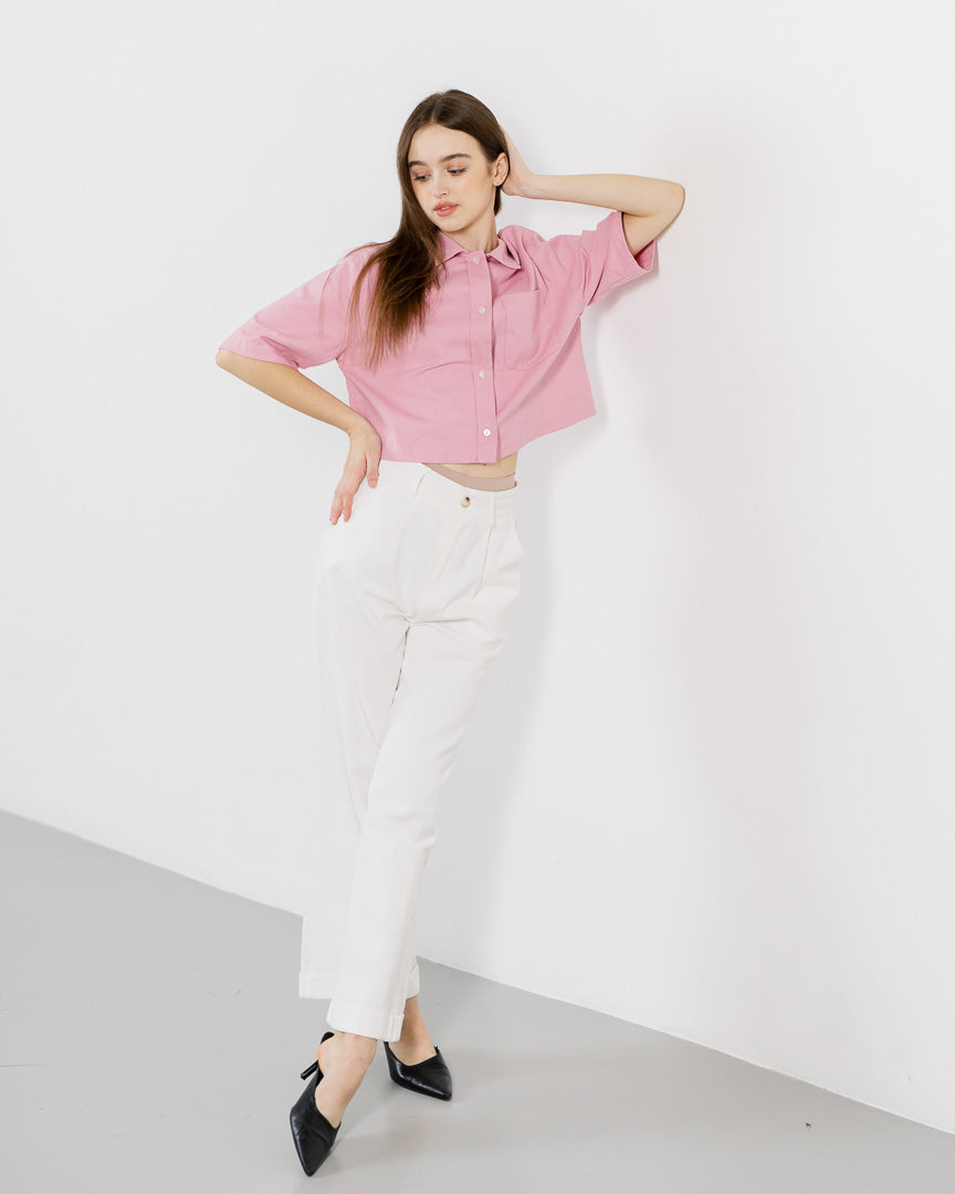 Theo Crop Shirt Pink Top –  Kemeja Casual Wanita