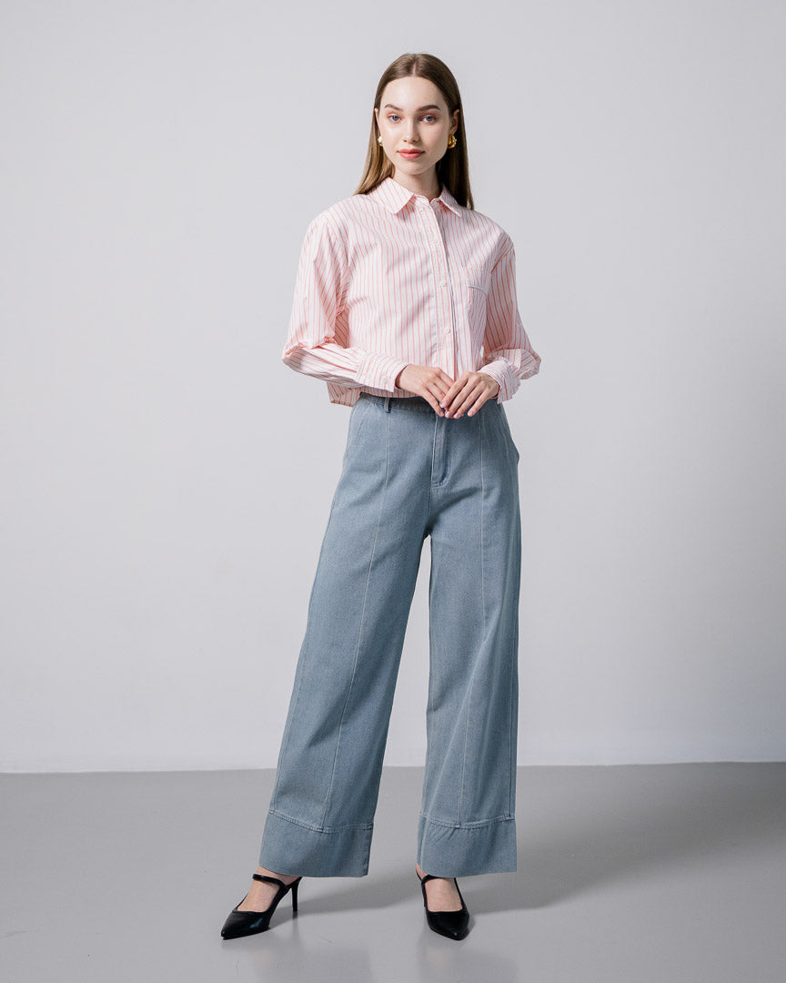 Yarra Crop Striped Pink Shirt – Kemeja Wanita Crop Lengan Panjang