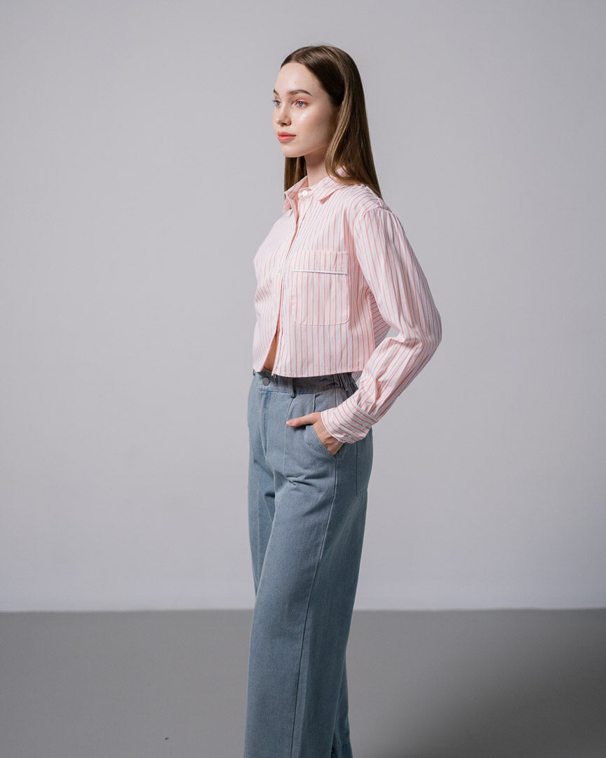 Yarra Crop Striped Pink Shirt – Kemeja Wanita Crop Lengan Panjang