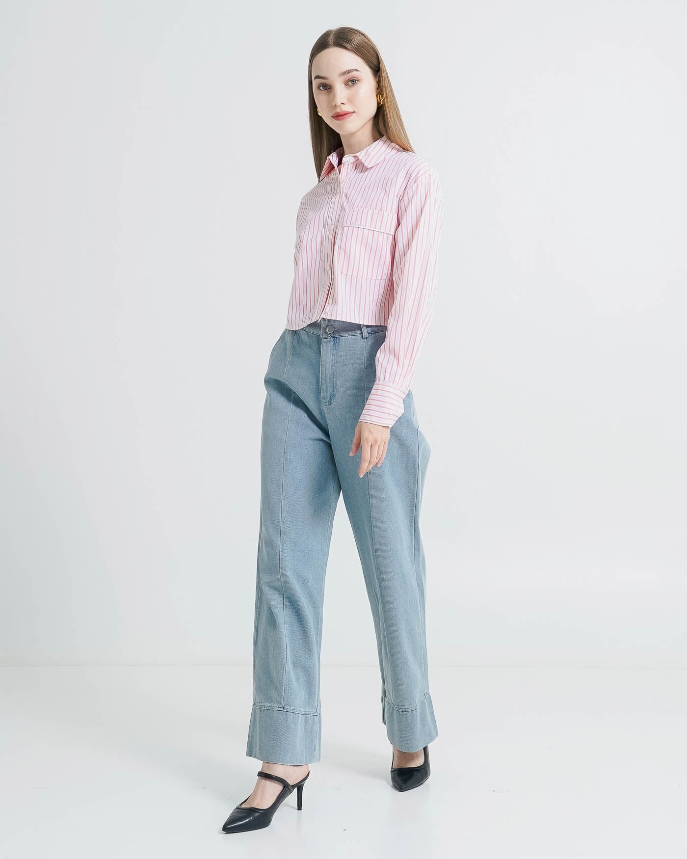 Yarra Crop Striped Pink Shirt – Kemeja Wanita Crop Lengan Panjang