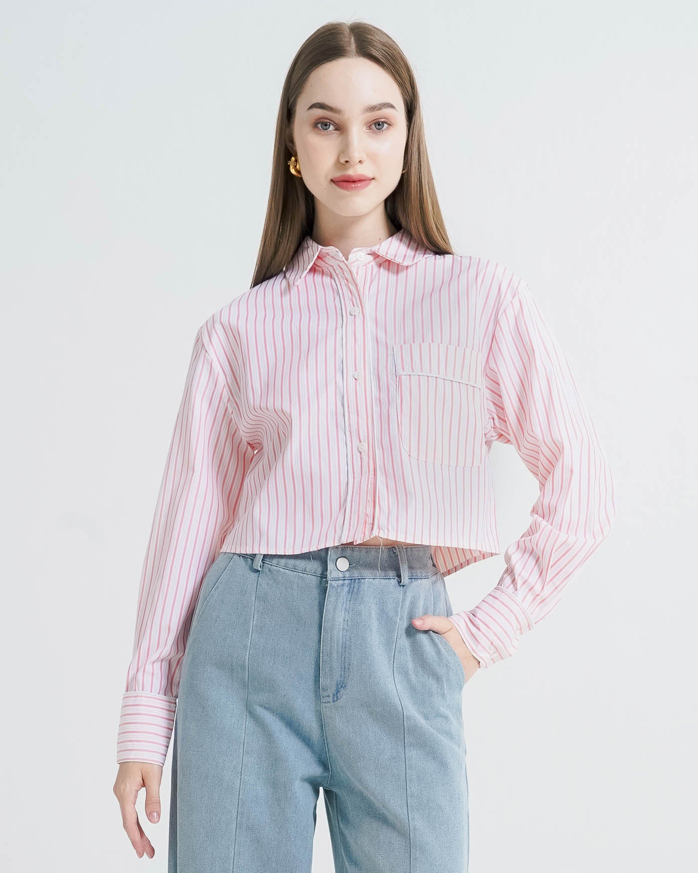 Yarra Crop Striped Pink Shirt – Kemeja Wanita Crop Lengan Panjang