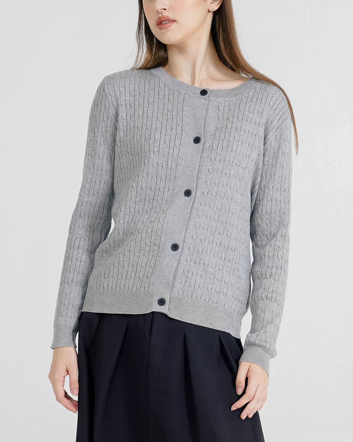 Carina Cable Knit Grey Cardigan – Luaran Casual Wanita