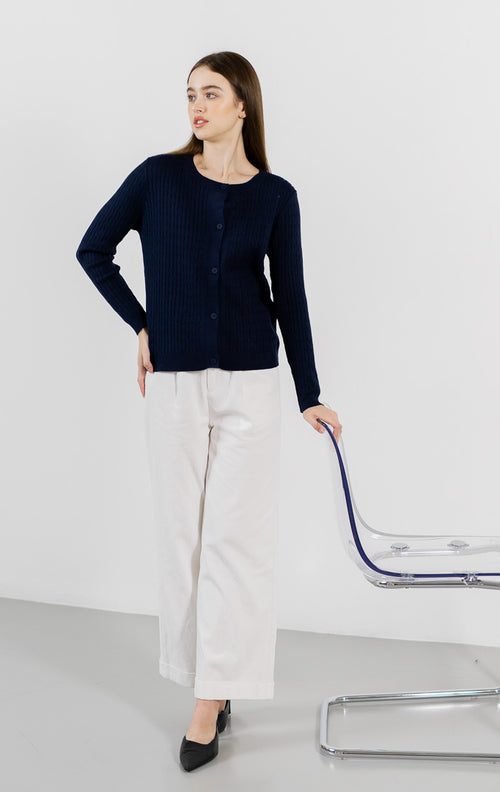 Carine Cable Knit Navy Cardigan – Luaran Wanita Casual