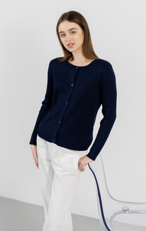 Carine Cable Knit Navy Cardigan – Luaran Wanita Casual