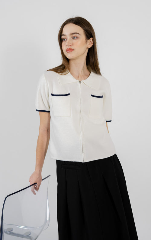 Charles Zipper Knit White Top – Baju Atasan Wanita Casual