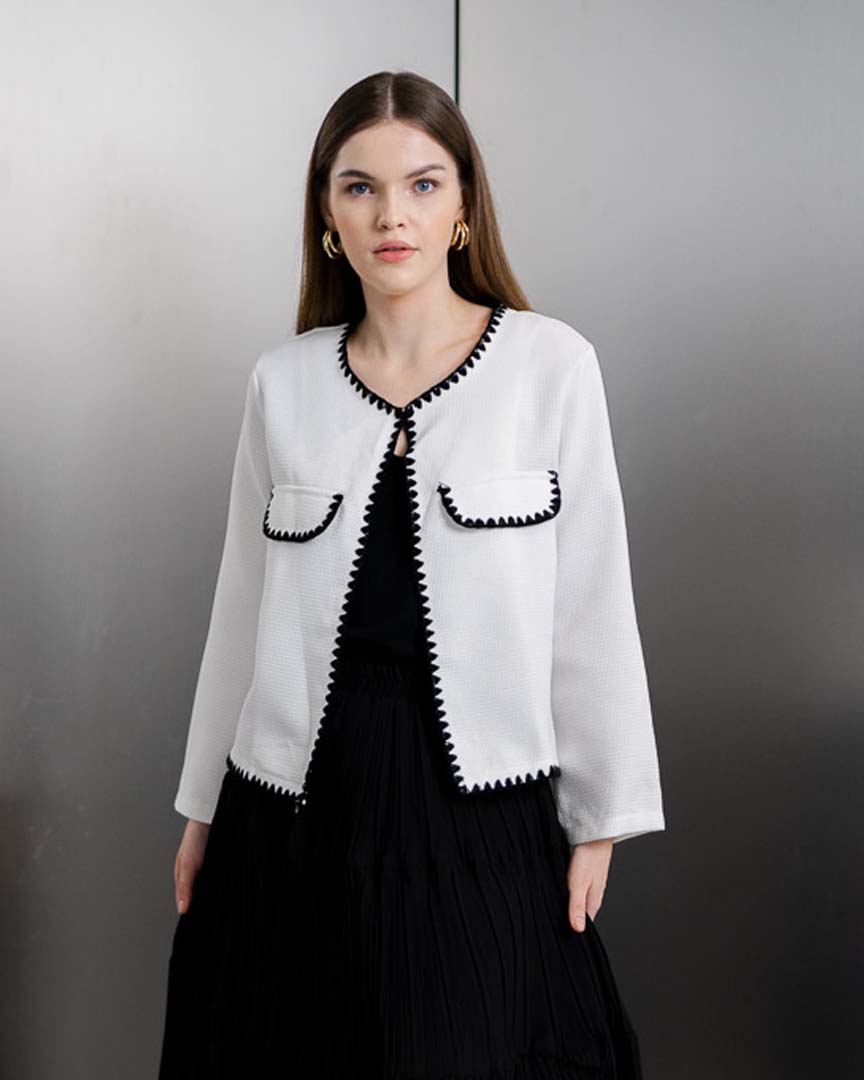 Georgia White Tweed Outer – Atasan Cardigan Lengan Panjang Wanita