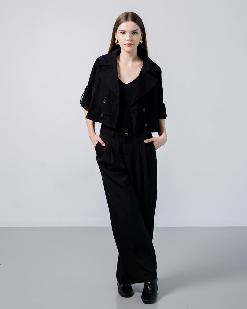 Yvette Crop Trench Black Outer - Outer Lengan Panjang Wanita