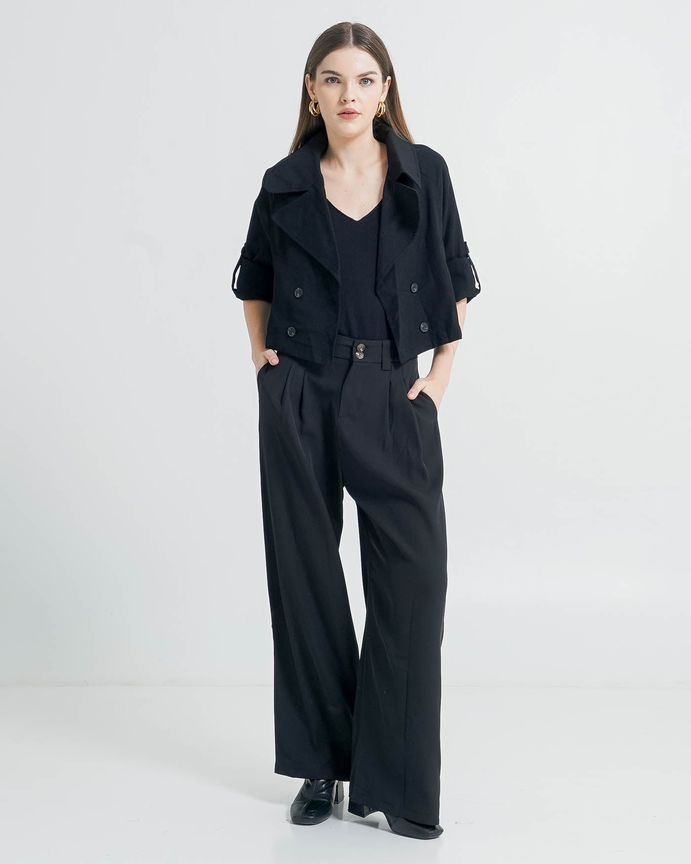 Yvette Crop Trench Black Outer - Outer Lengan Panjang Wanita