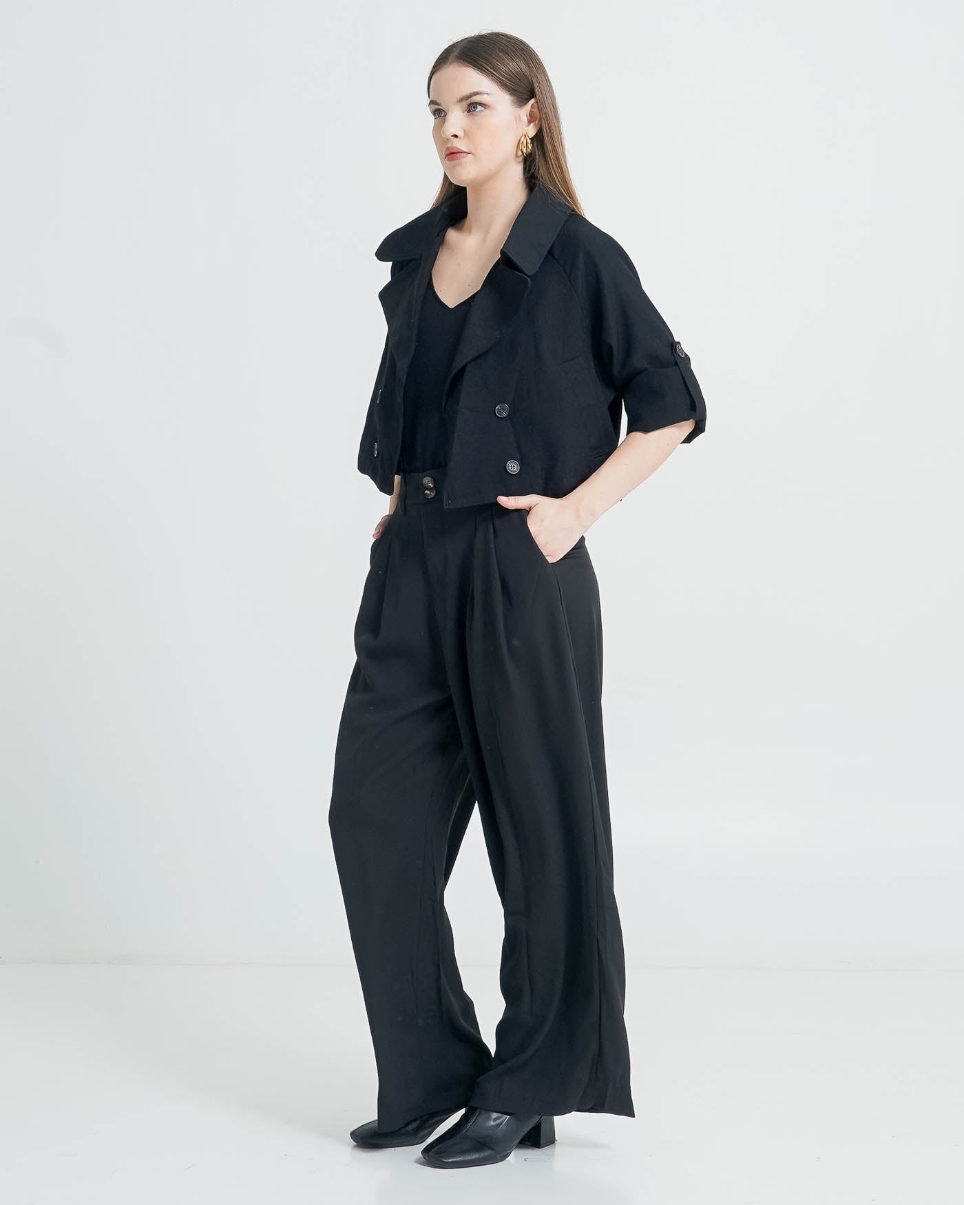 Yvette Crop Trench Black Outer - Outer Lengan Panjang Wanita