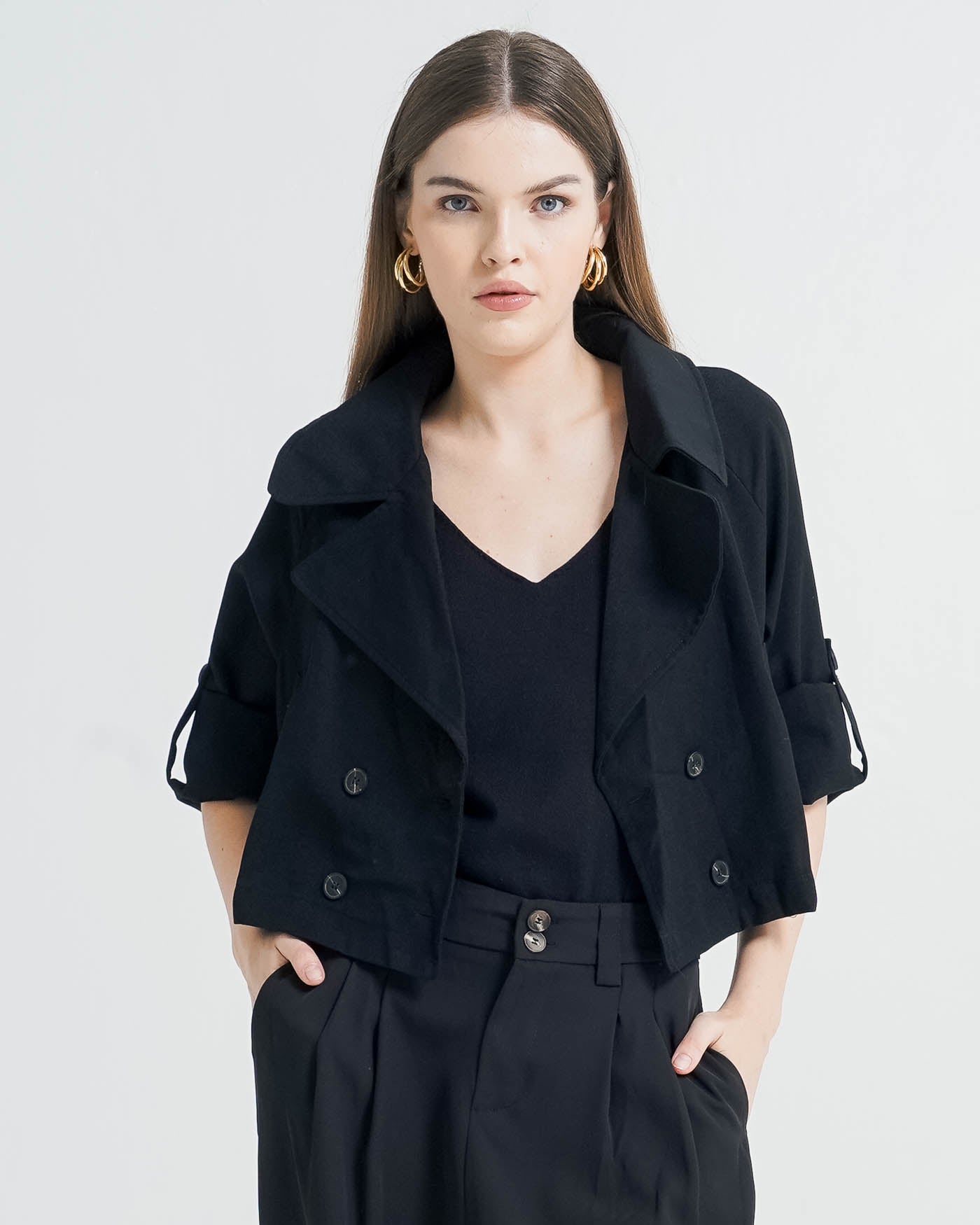 Yvette Crop Trench Black Outer - Outer Lengan Panjang Wanita