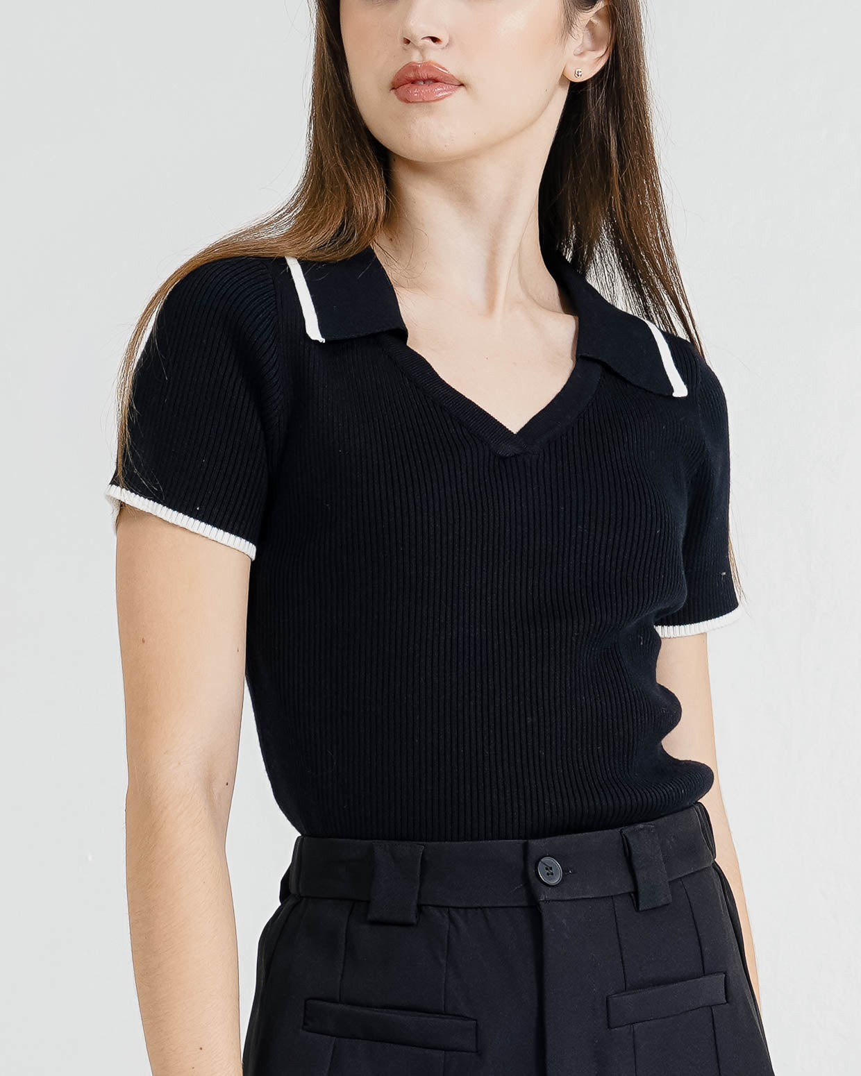 Faye Knit Collar Black Top – Bajua Atasan Wanita Kekinian