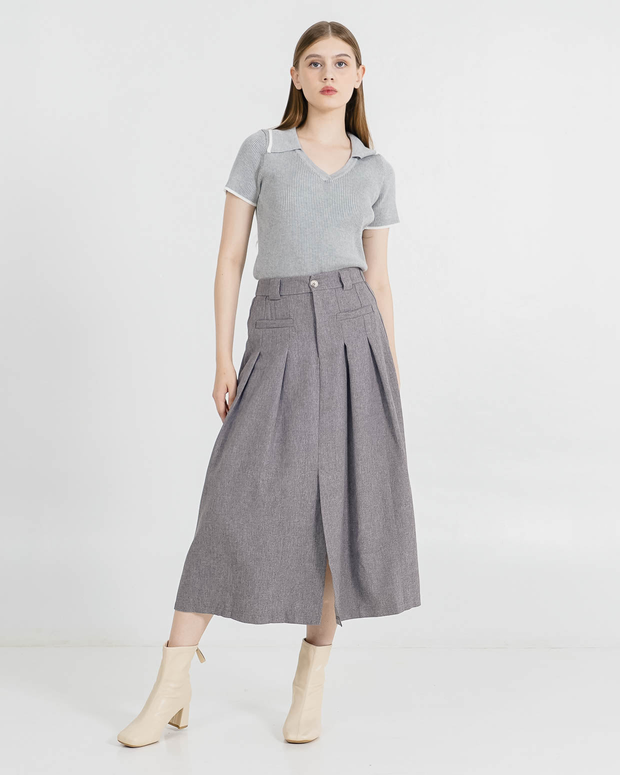 Faye Knit Collar Grey Top – Baju Atasan Wanita Kekinian