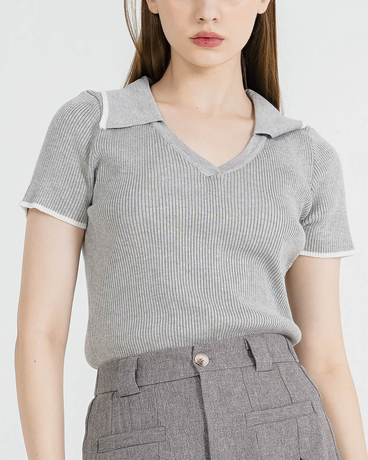 Faye Knit Collar Grey Top – Baju Atasan Wanita Kekinian