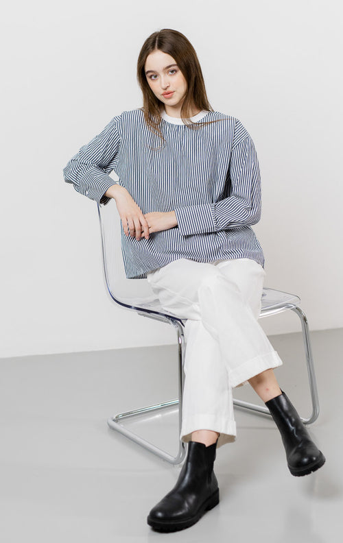 Maya Striped Navy Top – Kemeja Wanita Lengan Panjang