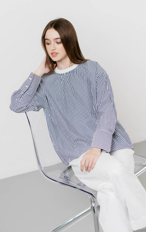 Maya Striped Navy Top – Kemeja Wanita Lengan Panjang