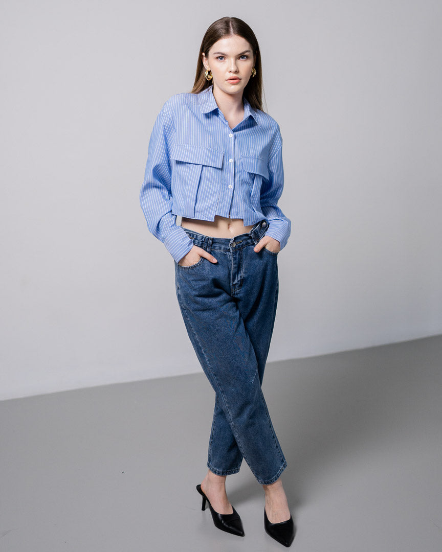 Claire Crop Striped Pocket Blue Shirt –  Baju Atasan Wanita lengan Panjang