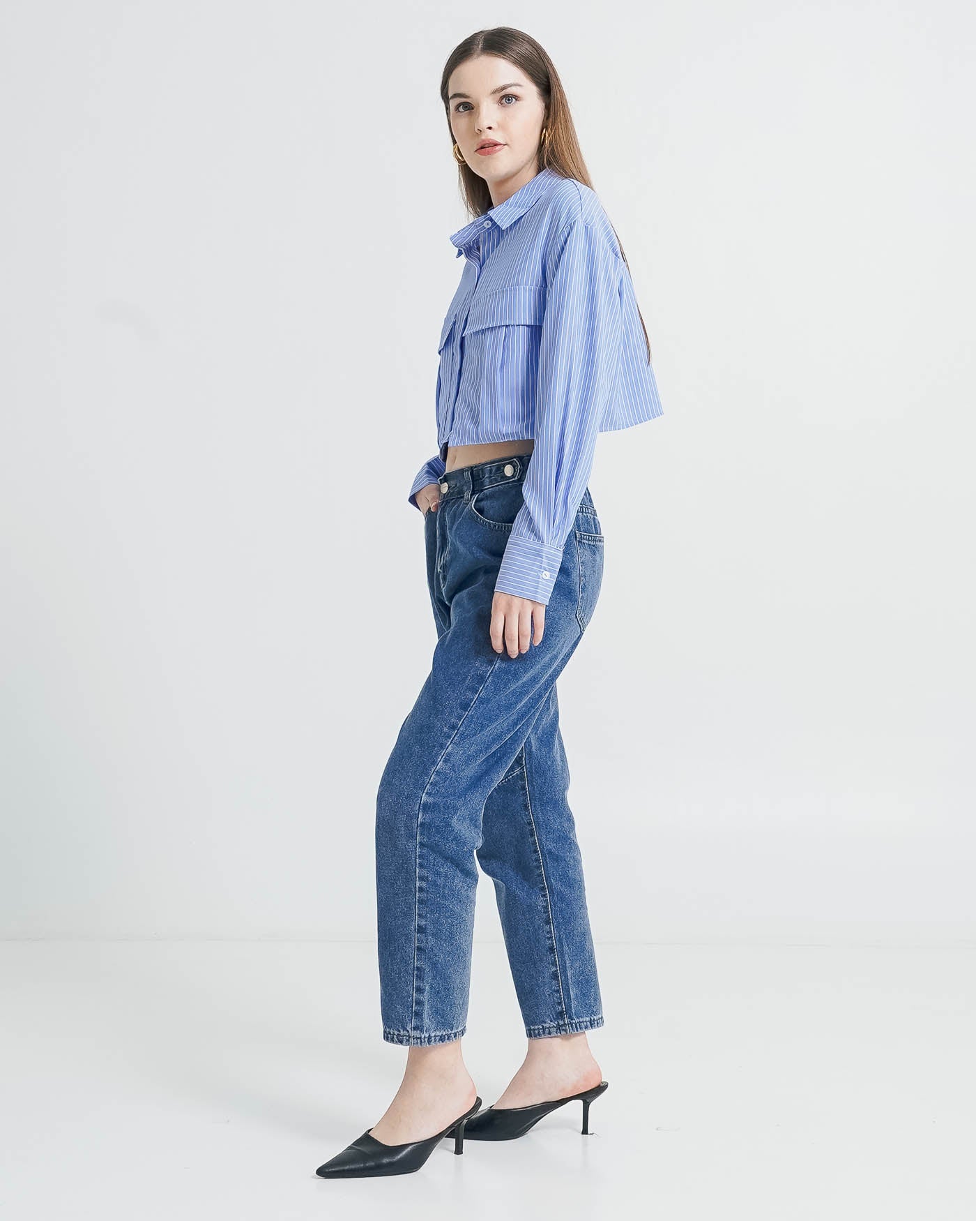 Claire Crop Striped Pocket Blue Shirt –  Baju Atasan Wanita lengan Panjang