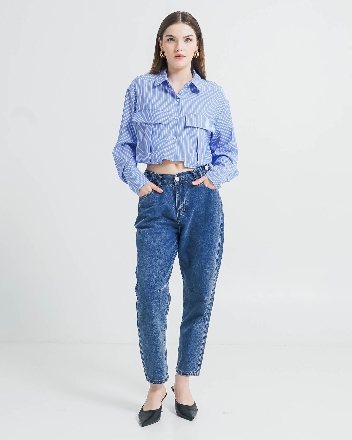 Claire Crop Striped Pocket Blue Shirt –  Baju Atasan Wanita lengan Panjang