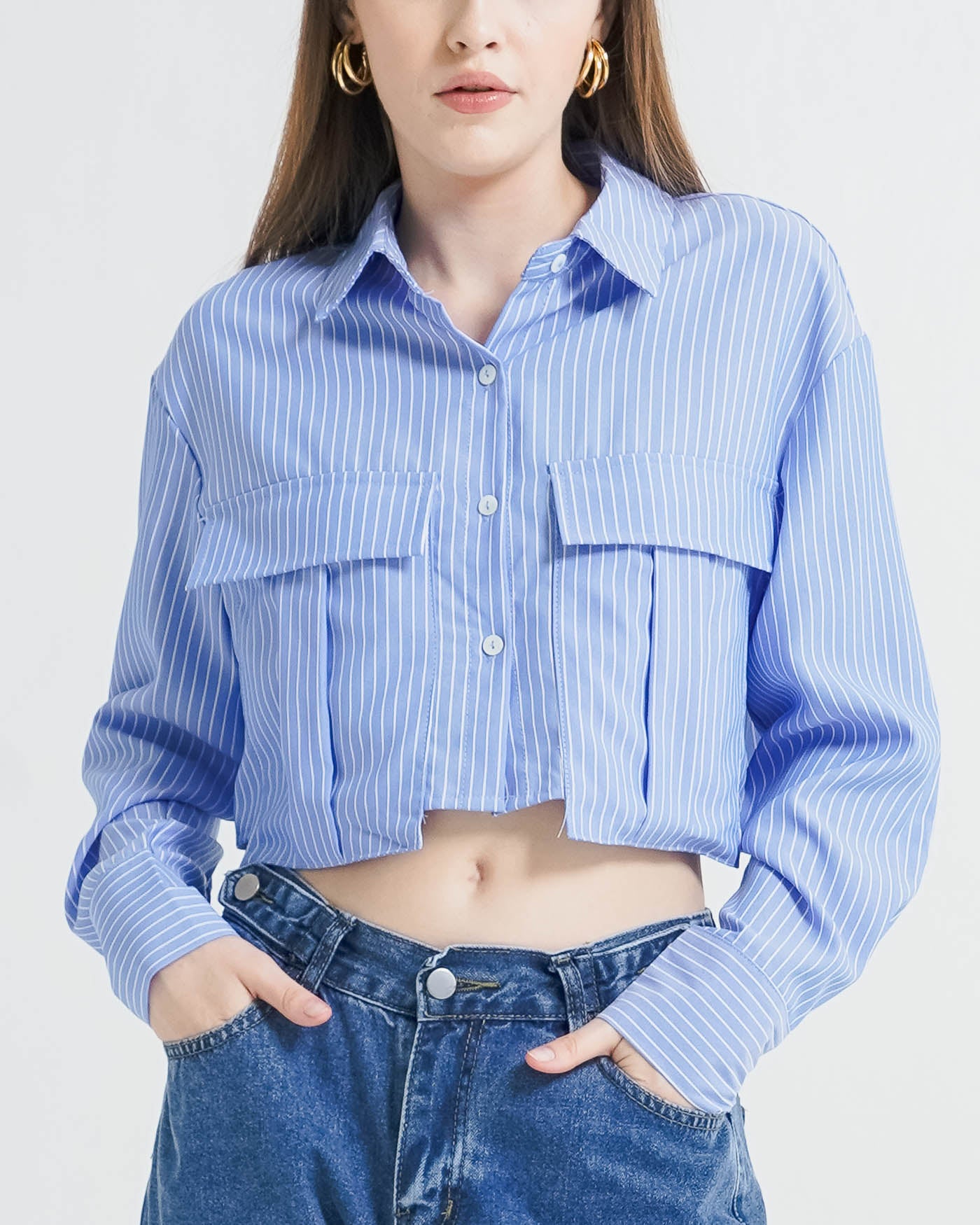 Claire Crop Striped Pocket Blue Shirt –  Baju Atasan Wanita lengan Panjang