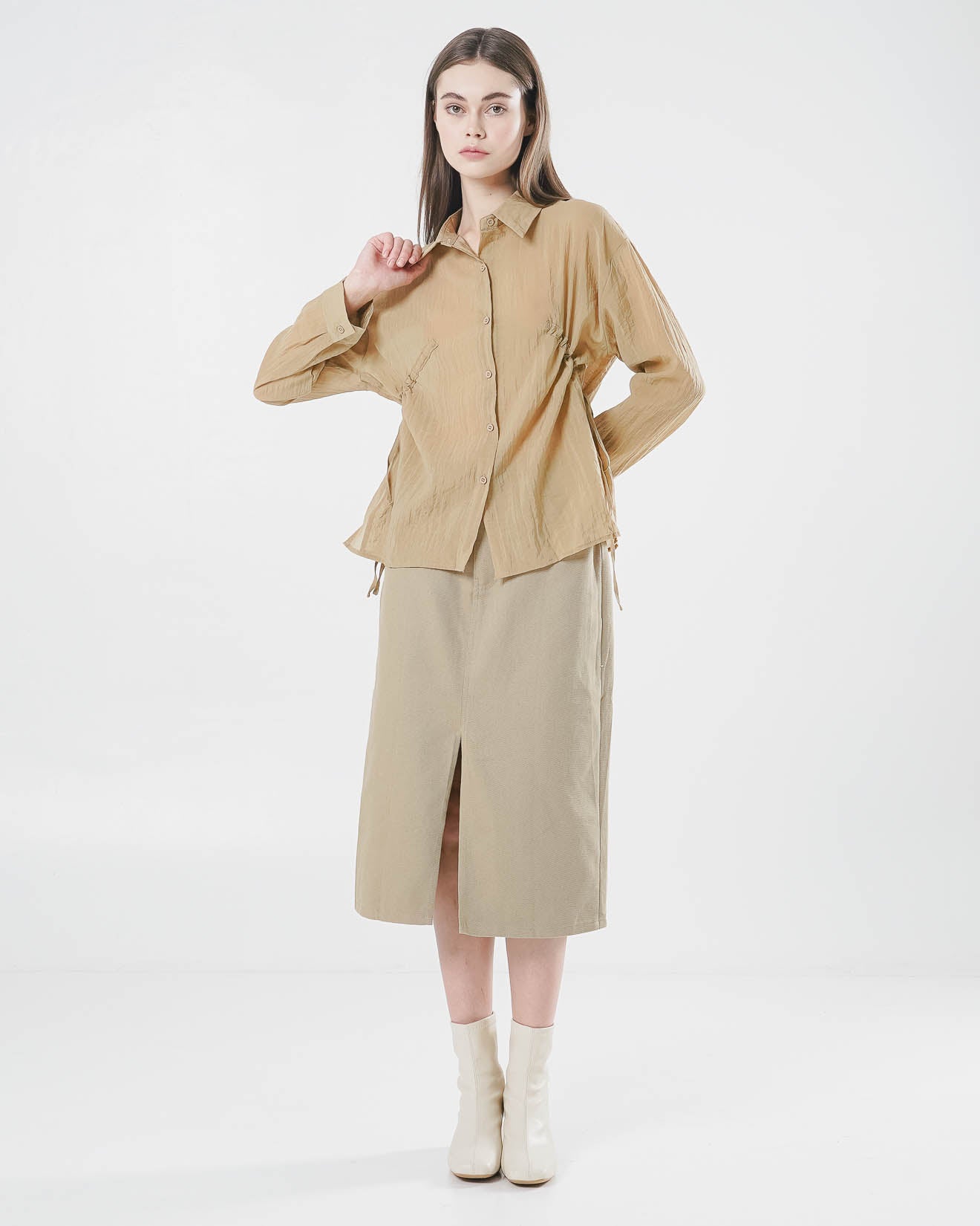 Kyla Drawstring Brown Shirt – Kemeja Wanita Lengan Panjang