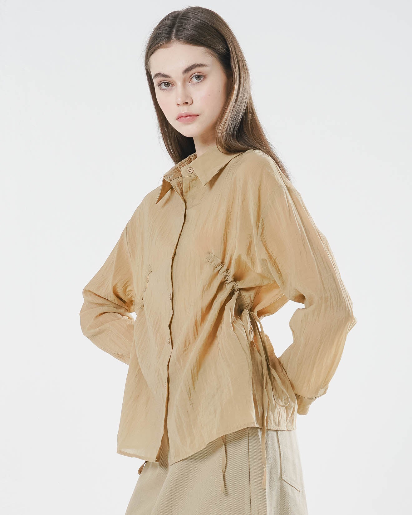 Kyla Drawstring Brown Shirt – Kemeja Wanita Lengan Panjang