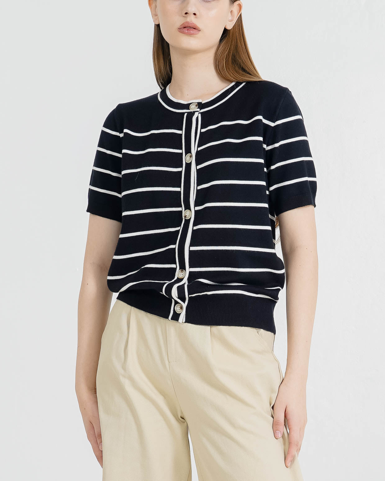 Olave Striped Knit Button Black Top – Baju Atasan Casual Wanita