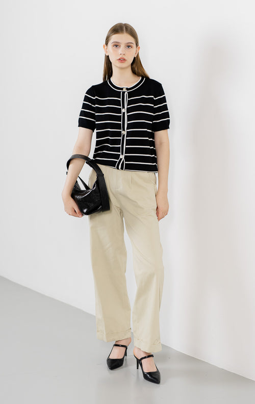 Olave Striped Knit Button Black Top – Baju Atasan Casual Wanita
