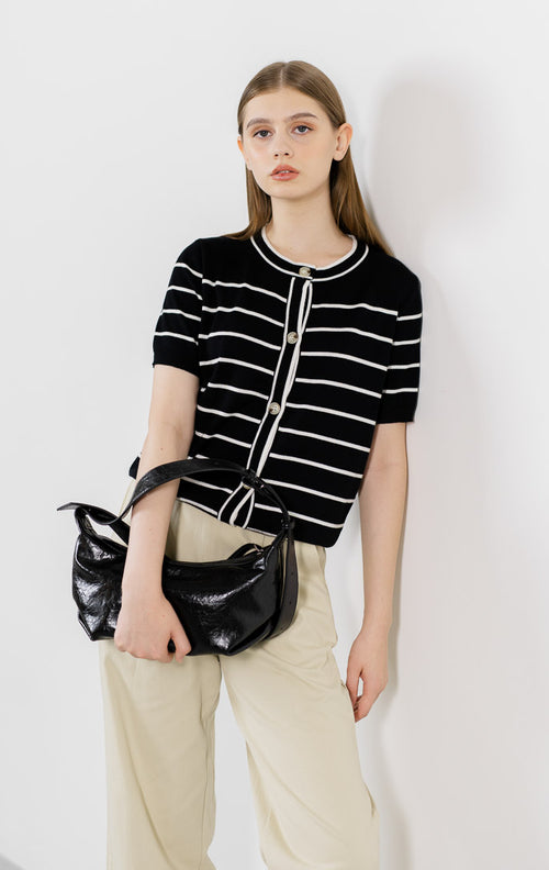 Olave Striped Knit Button Black Top – Baju Atasan Casual Wanita